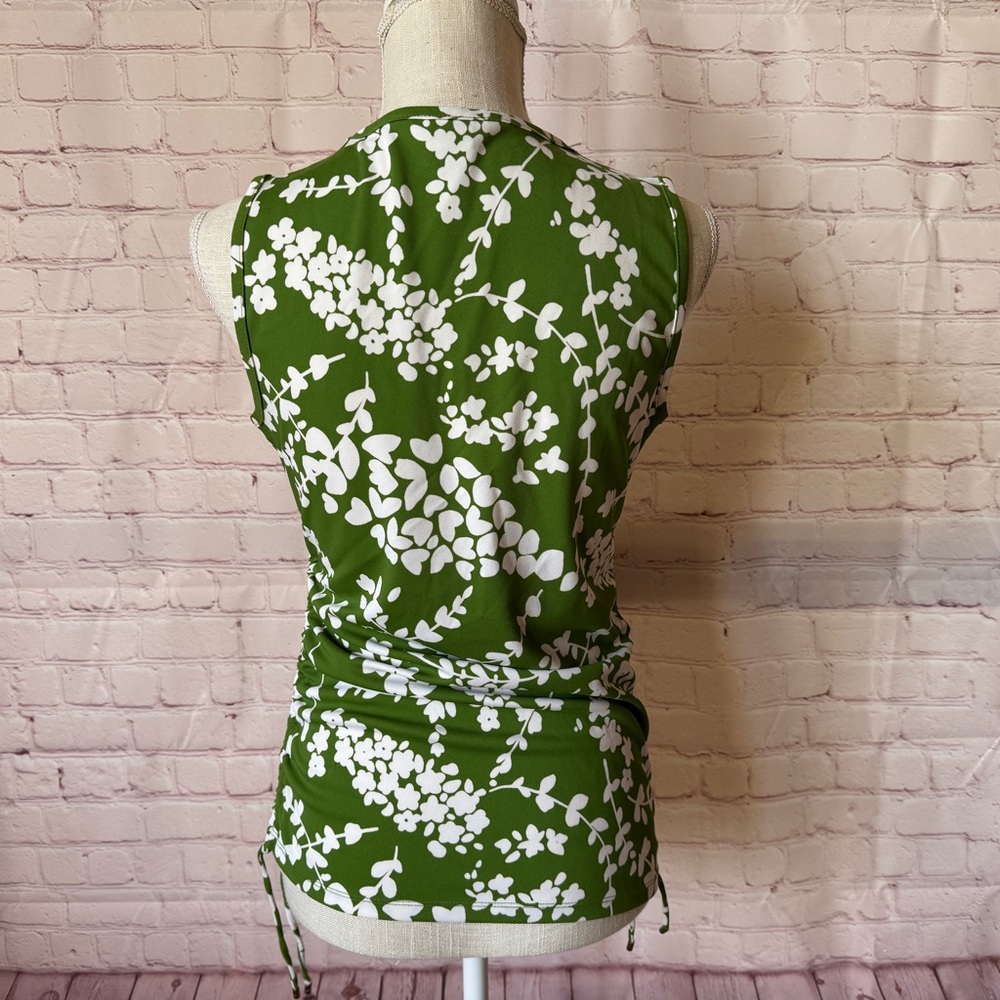 Michael Kors Top Sleeveless Kelly Green White Floral Side pull Scrunch Fitted M - Picture 4 of 11